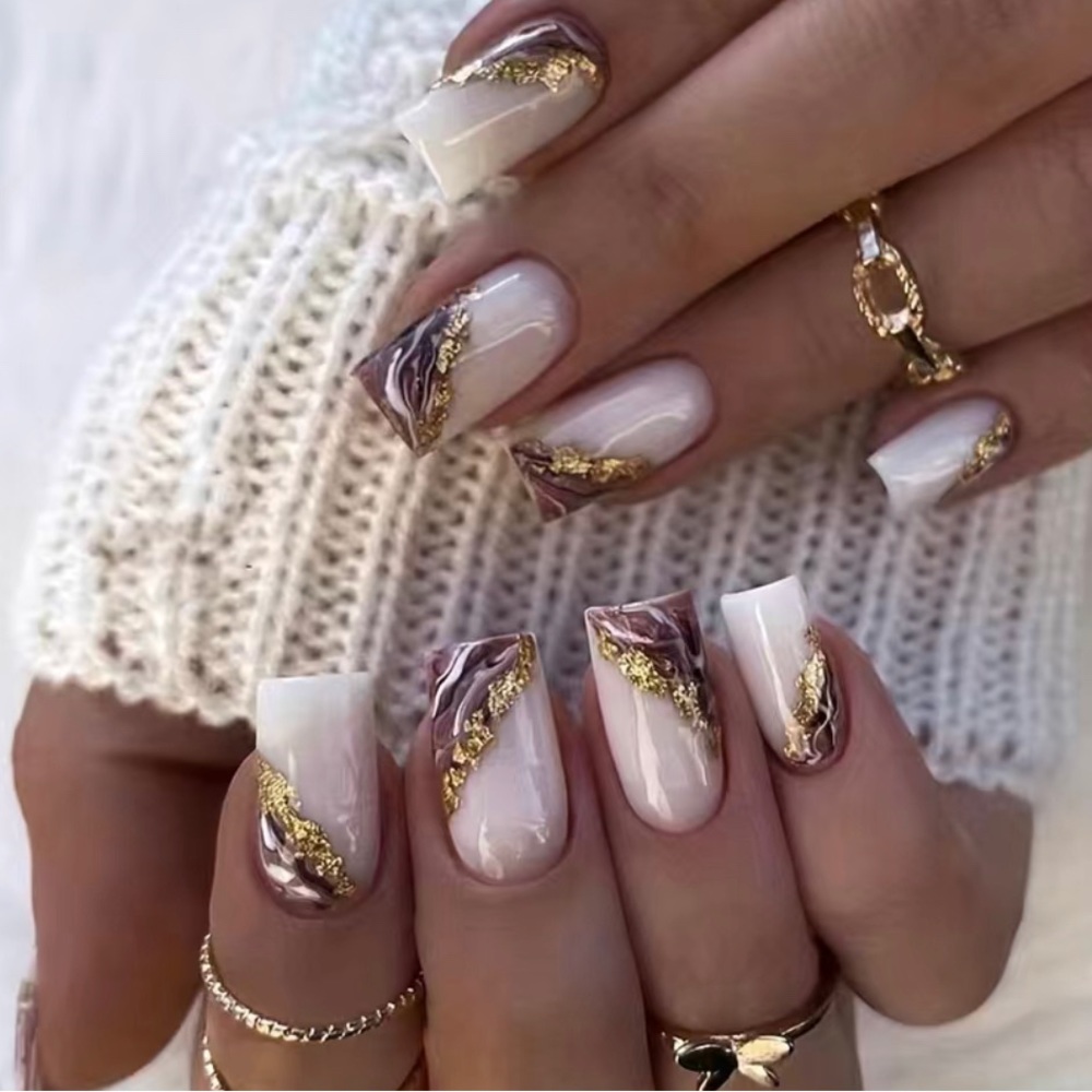 Elegant Gold and White Press-On Nails